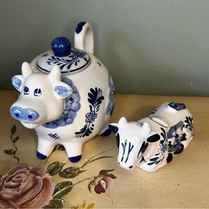 Vintage Delft Blue White Hand Painted Floral COW Teapot & Windmill Sugar Bowl